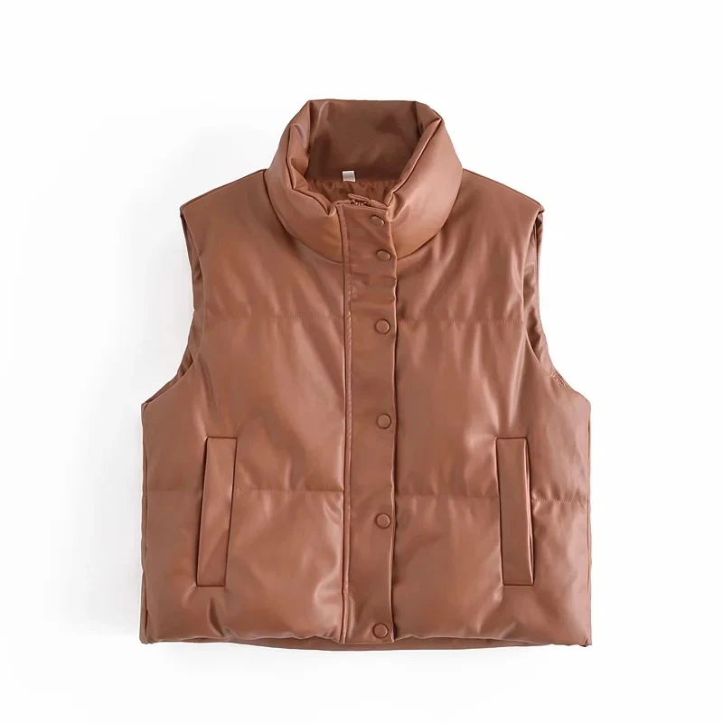 

ZA winter Women Fashion Warm short Jacket cardigan Waistcoat Thick Sleeveless Coat High collar Leather Cotton Vest Outerwear