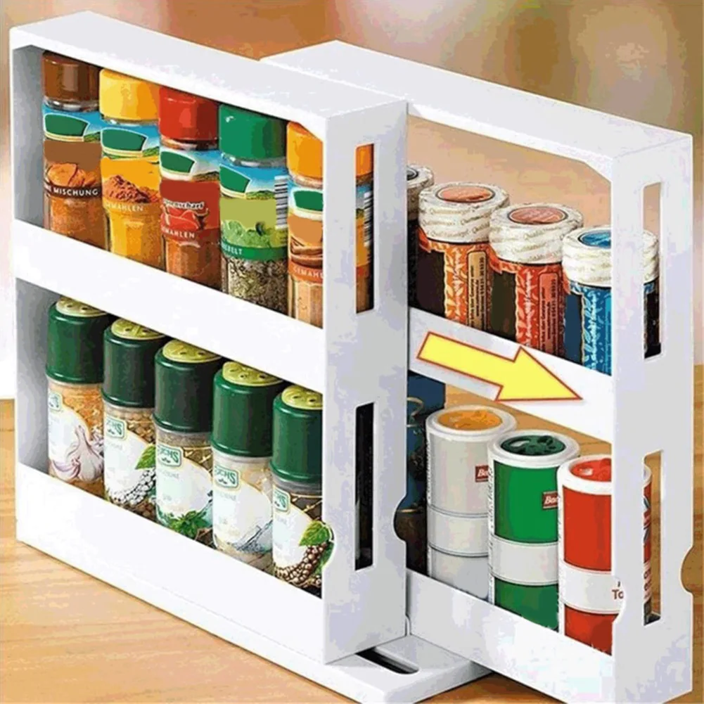 

2 Layer Roterende Organiseren Kruiden Jar Fles Opbergrek Keuken Fles Organizer Planken Slide Kast Bathroom Shampoo Storage Rek
