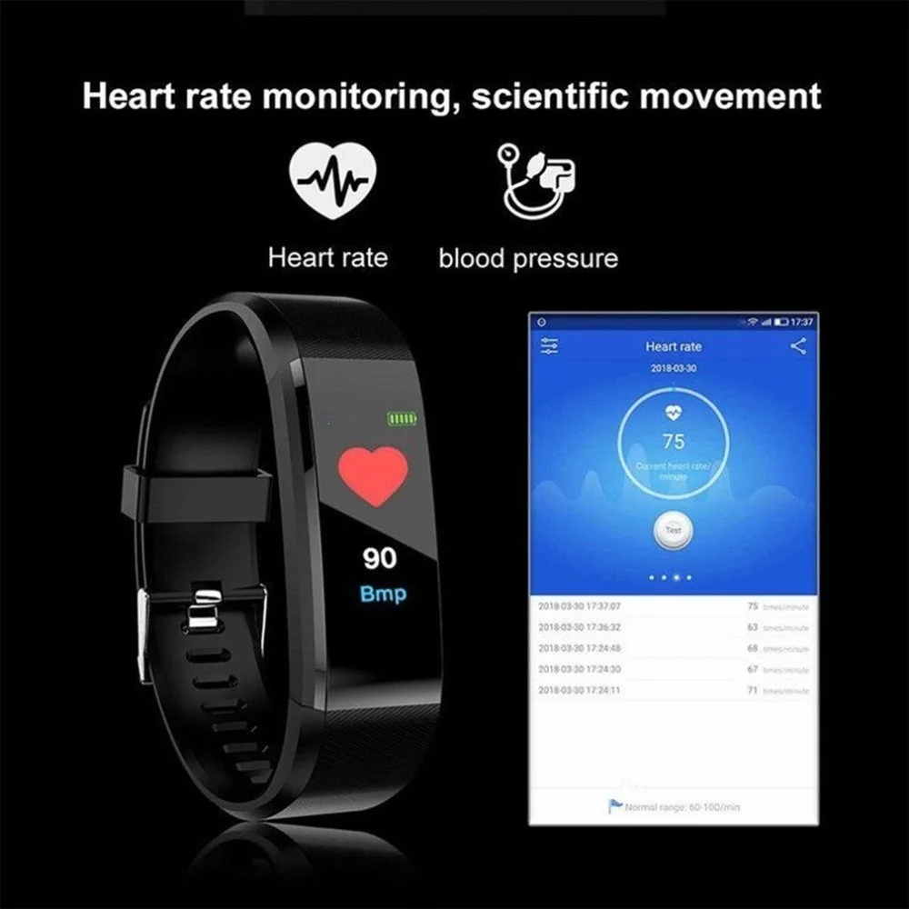 Smart Wristband Men Watch Fitness Tracker Pedometer Heart Rate Monitor Bracelet for Women Smartwatch 115 Plus | Электроника