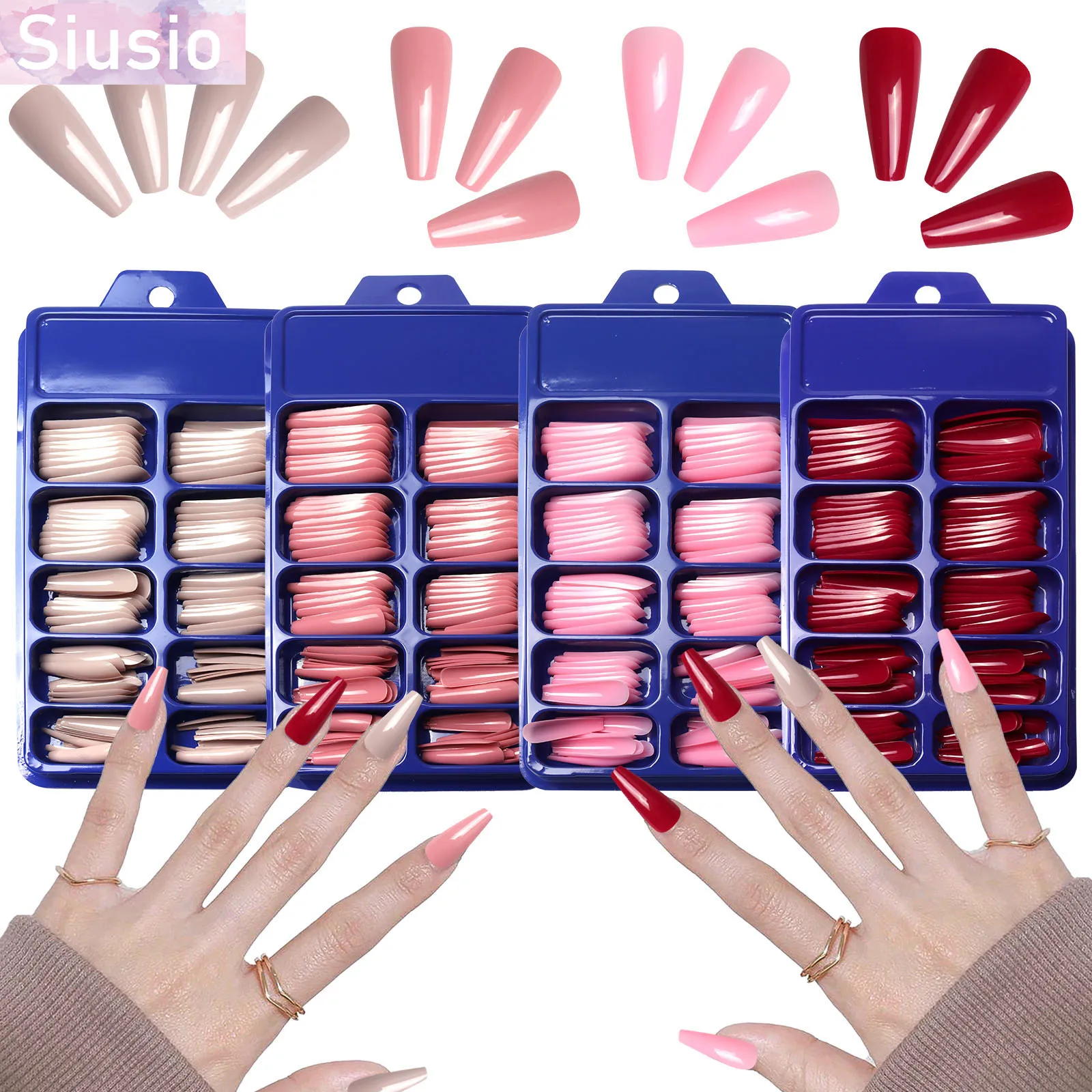 

100Pcs/set Fake Nail Long Ballet Coffin Style With Designs Press On Nails Colorful White Sakura Pink Acrylic For Women Nail Art