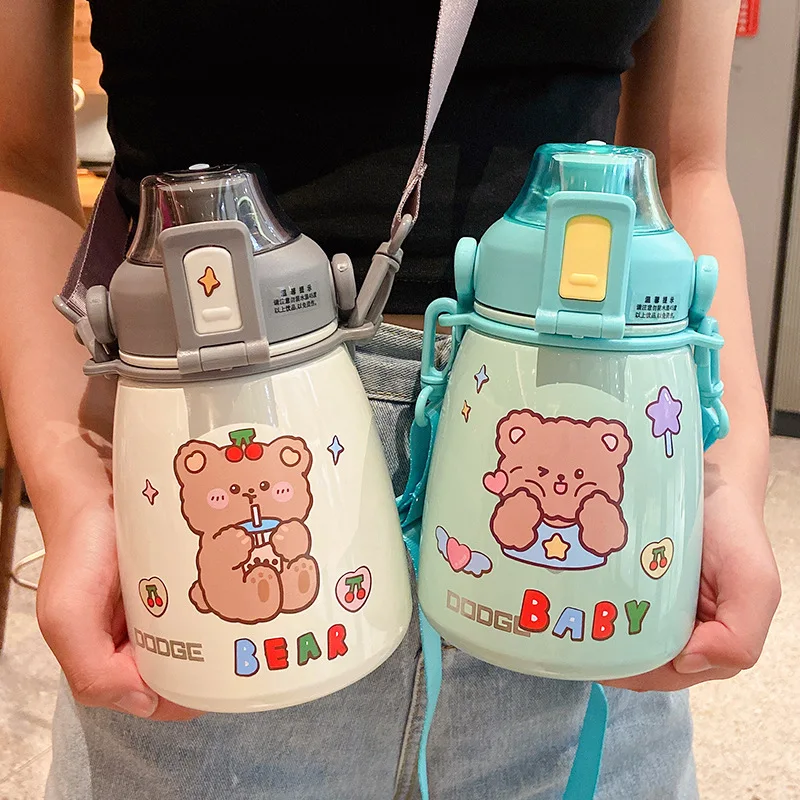 

880 ML Cute 304 Stainless Steel Thermos Bottle Large Capacity Sport Kids Belly Straw Water Bottle For School Girl Drink Bottles