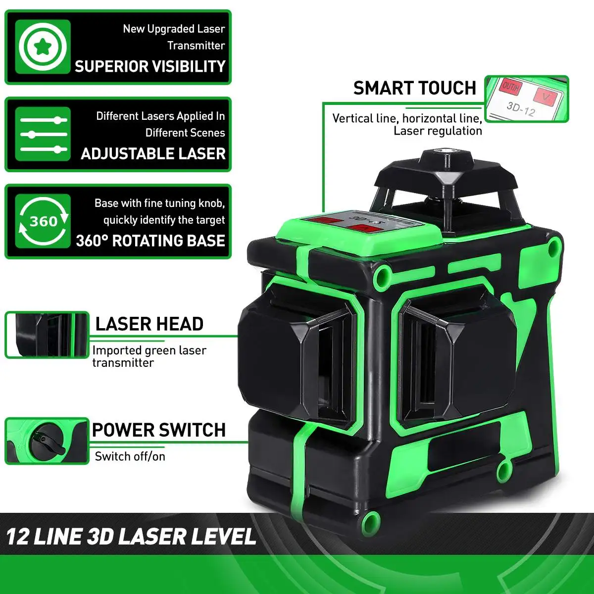 FASGet Laser Level 12 Lines 3D Self-Leveling 360 Horizontal And Vertical Cross Super Powerful Green | Инструменты