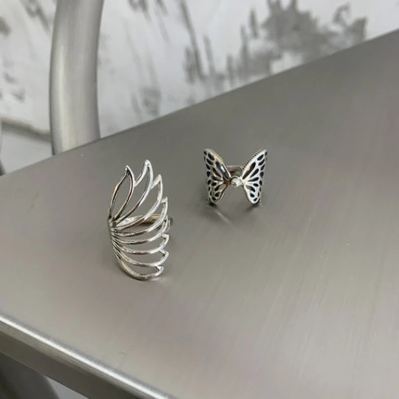 

Ancient Silver Geometric Hollow Butterfly Wing Shape Adjustable Ring Set Minimalist Punk Rings Jewelry for Women Party Gift