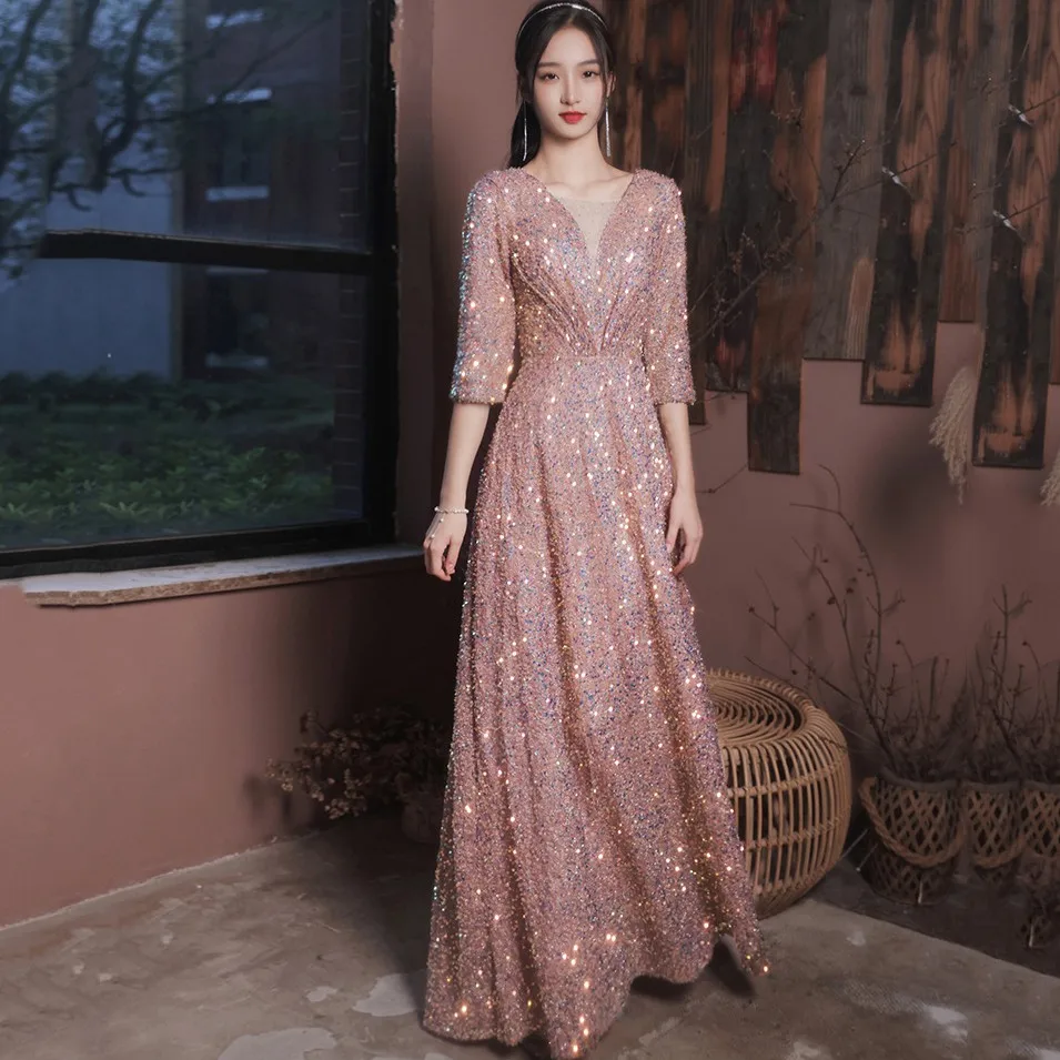 

Women Sequined Trim Elegant Banquet Gown Exquisite Long Formal Party Dress Sexy Backless Long A-Line Dresses Robe De Soiree