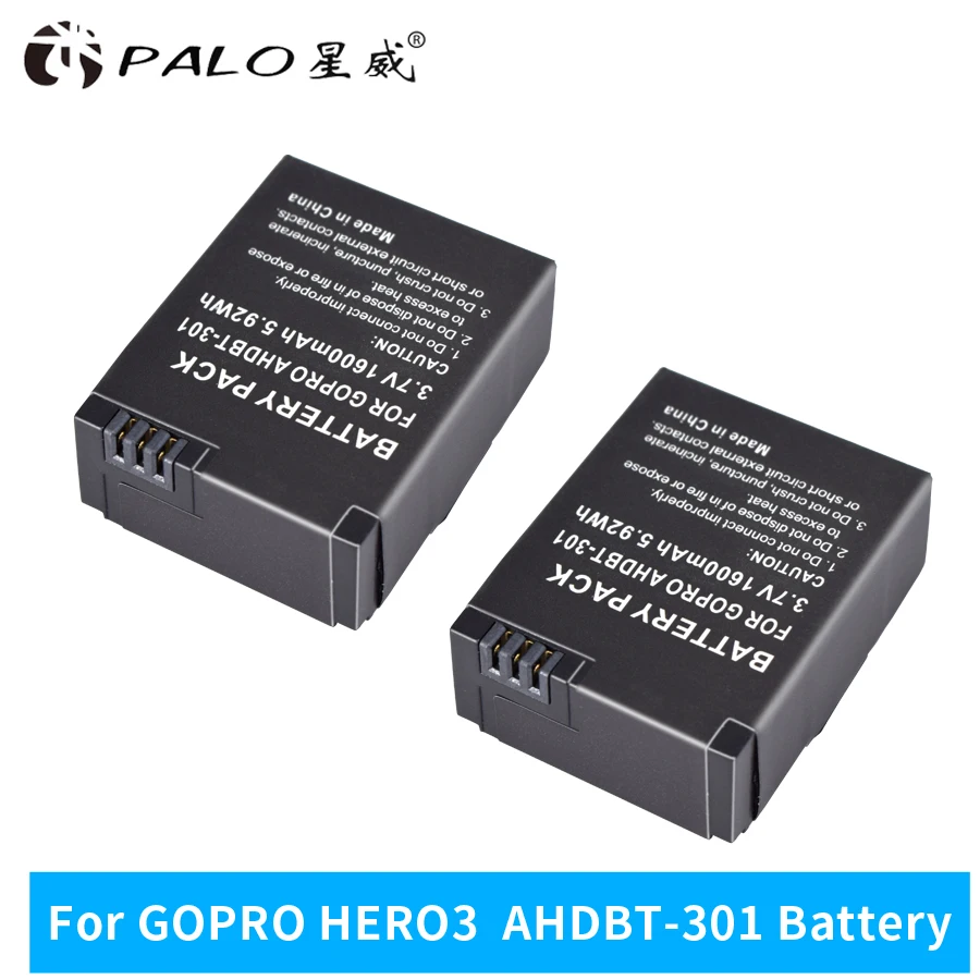 PALO 2 PCS 1600mAh для GoPro AHDBT 201/301 батарея камеры Gopro Hero 3 + 301 201 Аккумулятор go pro