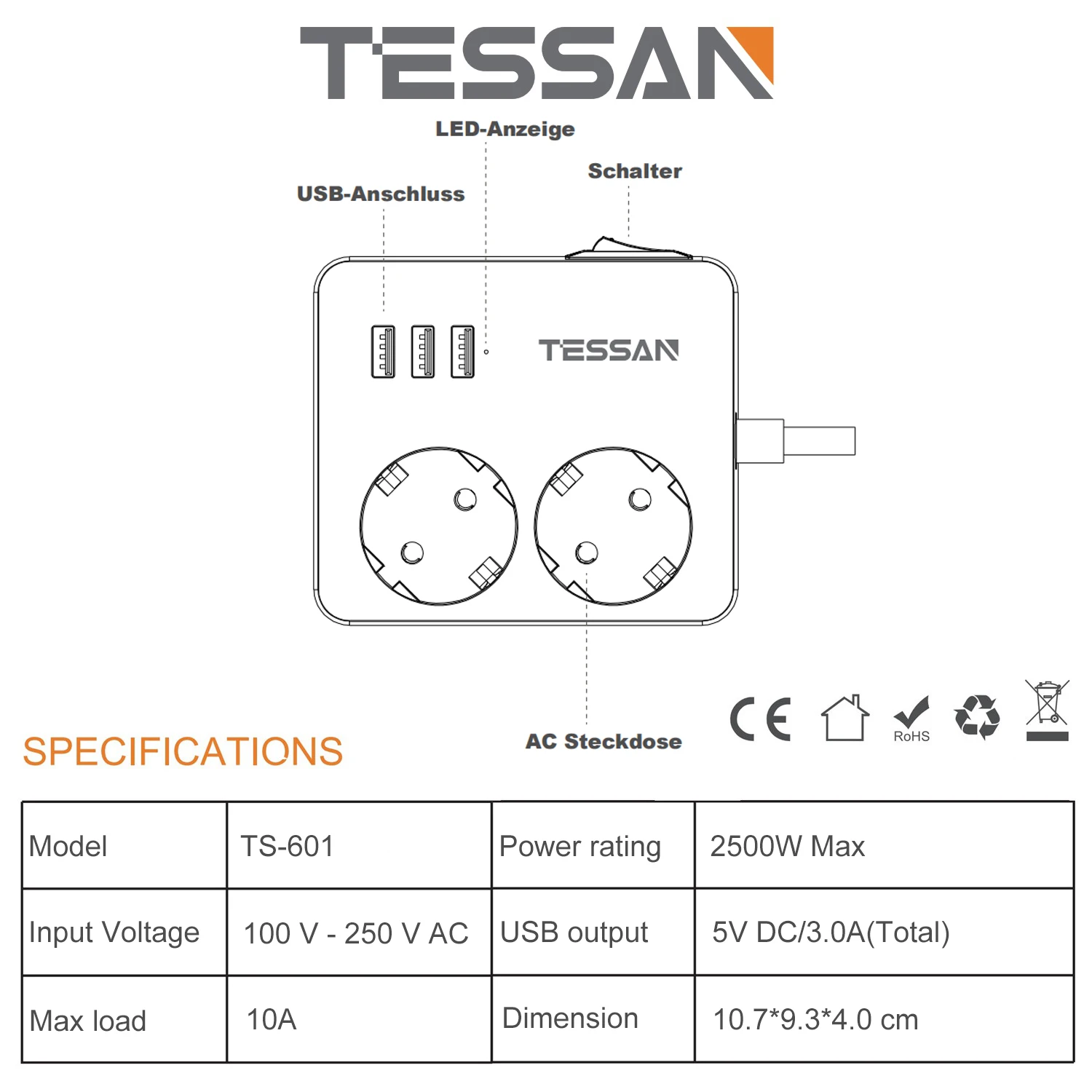 ЕС USB-розетка TESSAN с 2 розетками переменного тока 3 USB-порта и переключателем кабель