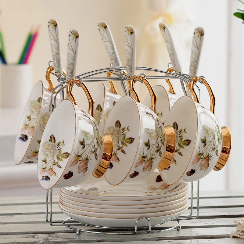 6Cups n Holder Бабочка Роза костяной фарфор чайная чашка блюдце ложка набор 200 мл Европа керамическая кофейная чашка Британский продвинутый фарфор чайная чашка Прямая поставка - Цвет: 6Cups n Holder