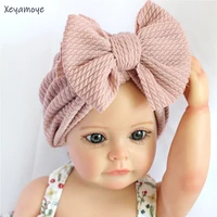 cotton waffle knitted baby girl hat walf checks large bow soft elastic bonnet hat for newborn girl beanies caps baby accessories
