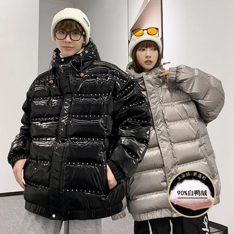 

Oversized Men's Clothing White Eiderdown Quality Down Jacket Couples Warm Coat Printed Word Ribbon Women's Thickened Down Jacket