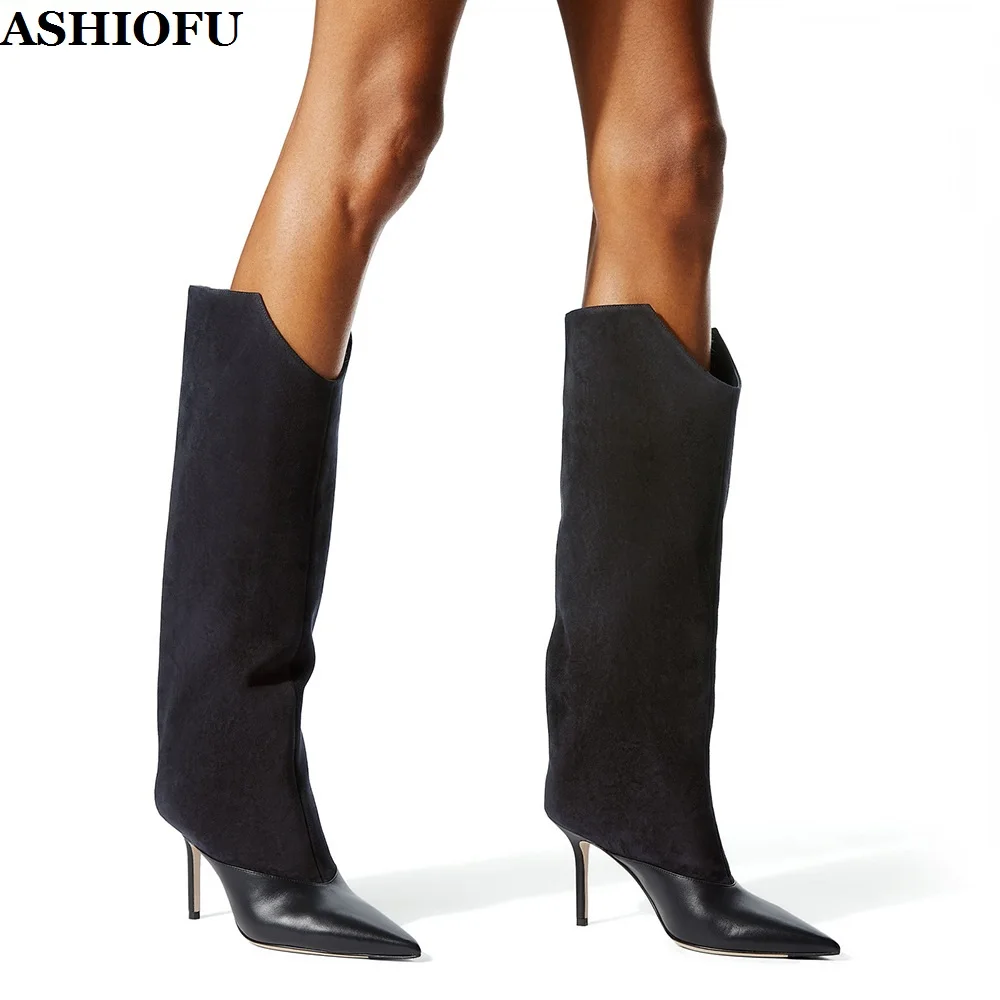 

Женские сапоги ручной работы ASHIOFU, элегантные сапоги на высоком каблуке, вечерние сапоги до колена, большие размеры