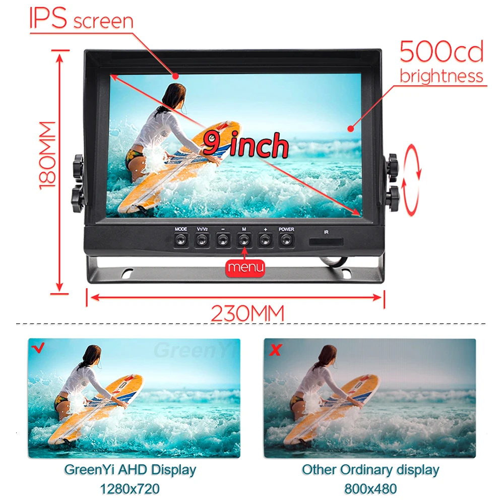 $84.27 GreenYi 9 inch 4CH AHD Recorder DVR Car Monitor Vehicle Truck Night Vision Rear View Camera Support SD Card Recording