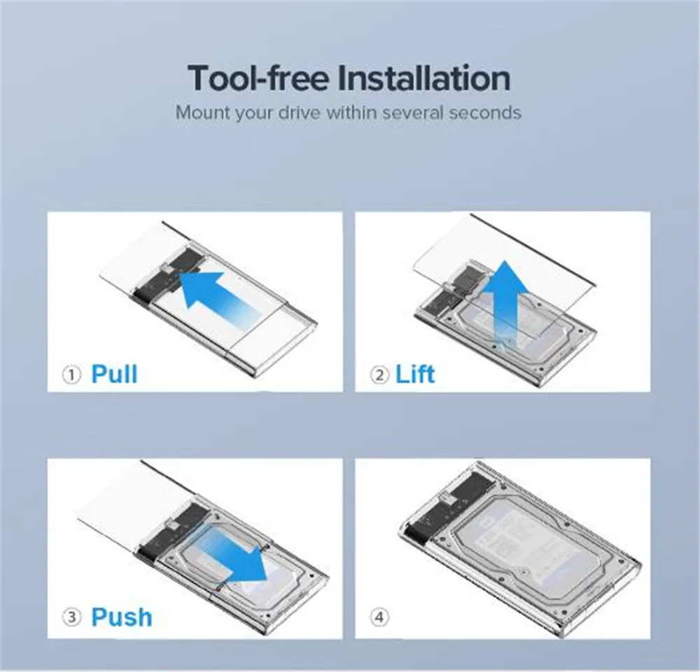 

2.5" USB 3.0 SATA Hd Box HDD Hard Disk Drive External HDD Enclosure Transparent Case Tool Free 5 Gbps Support 2TB UASP Protocol