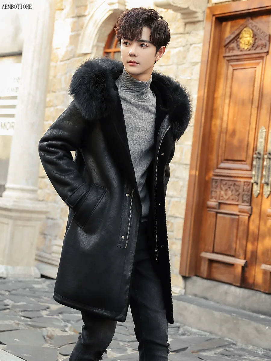

Long Chamois Coat Raccoon Men's Collar Men Leather Jacket Wool Liner Outerwear Mens Winter Fur Coats