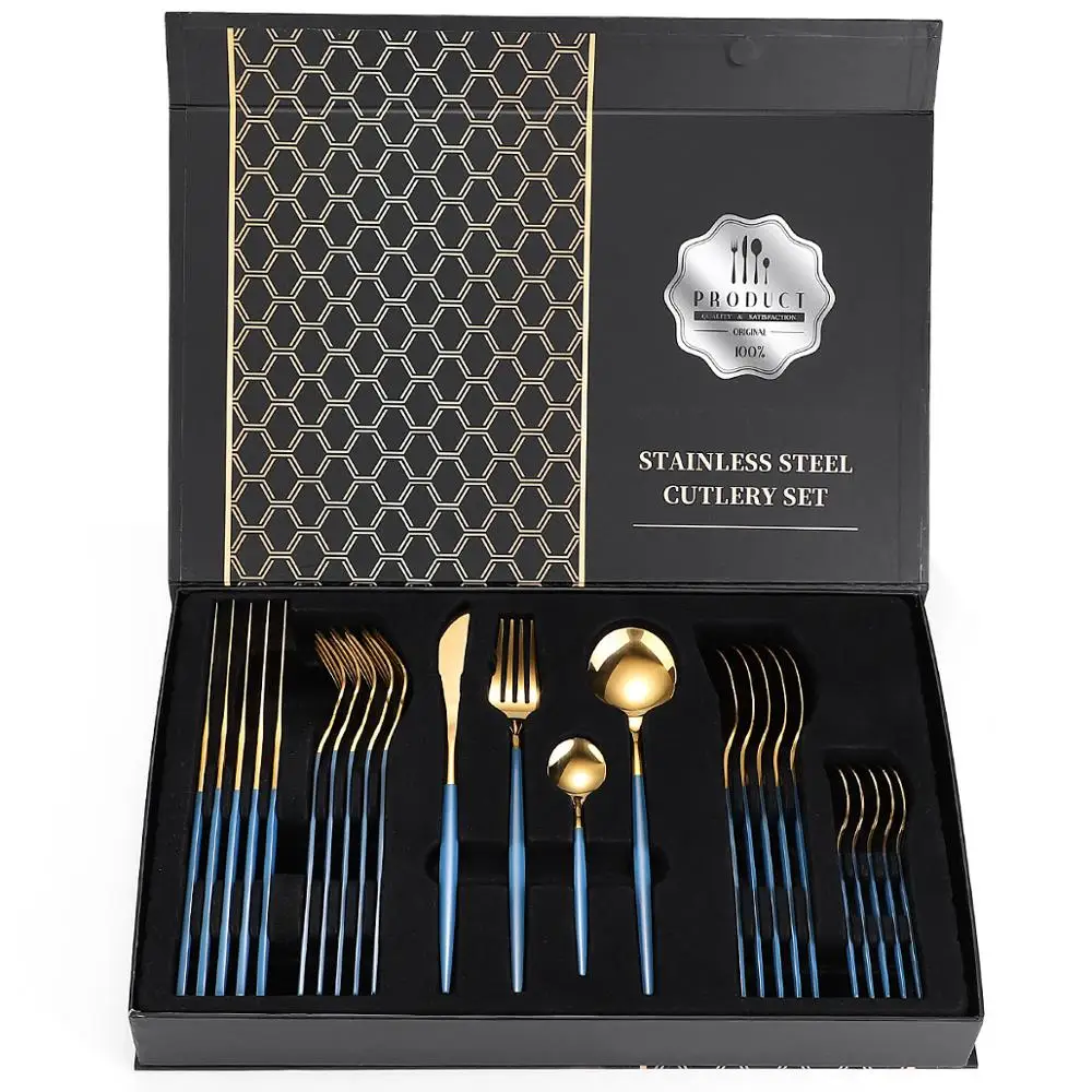 

24pcs Gold Dinnerware Sets Stainless Steel Tableware Set Knife Fork Spoon Luxury Cutlery Flatware Dishwasher Safe Set Gift Box