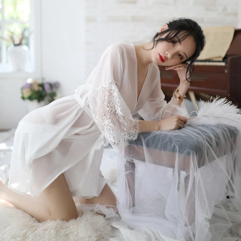 

Bridesmaid Robes Sexy Lace Bathrobe See Though Kimono Lingerie Robe Porno Underwear Women Sleepwear Night Dress Nightgown