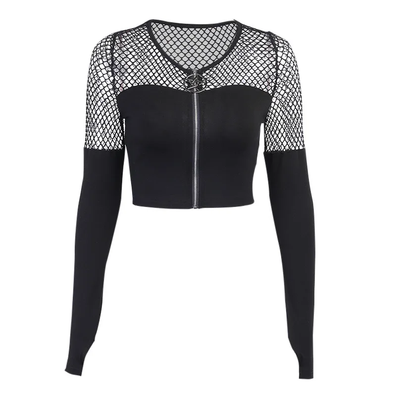 

Black Gothic Women Zipper T Shirt 2022 Autumn Lady V Neck Cardigan Hollow Out Mesh Patchwork Long-sleeve Hipster Short Tshirt