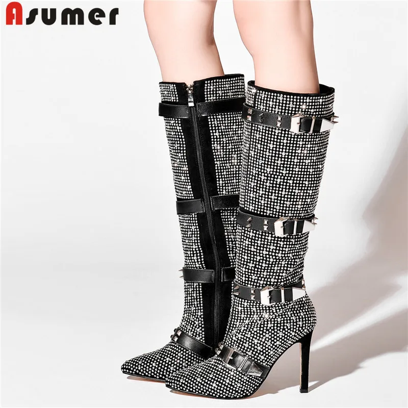 

ASUMER 2020 new knee high boots pointed toe rivet suede leather boots rivet heavy metal high heels autumn winter boots women