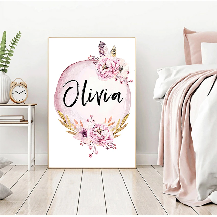 

Art Nursery Prints Wall Painting Kids Bedroom Decor Custom Girl Name Baby Poster Peony Pictures Flowers Canvas Painting Wall