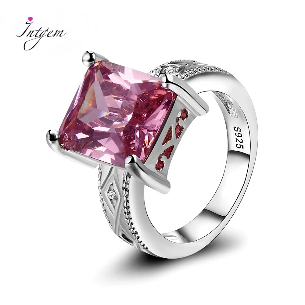 Женское кольцо с фианитом, прямоугольное кольцо геометрической формы из серебра 925 пробы с розовой подушкой, для подружки невесты, подарок н...
