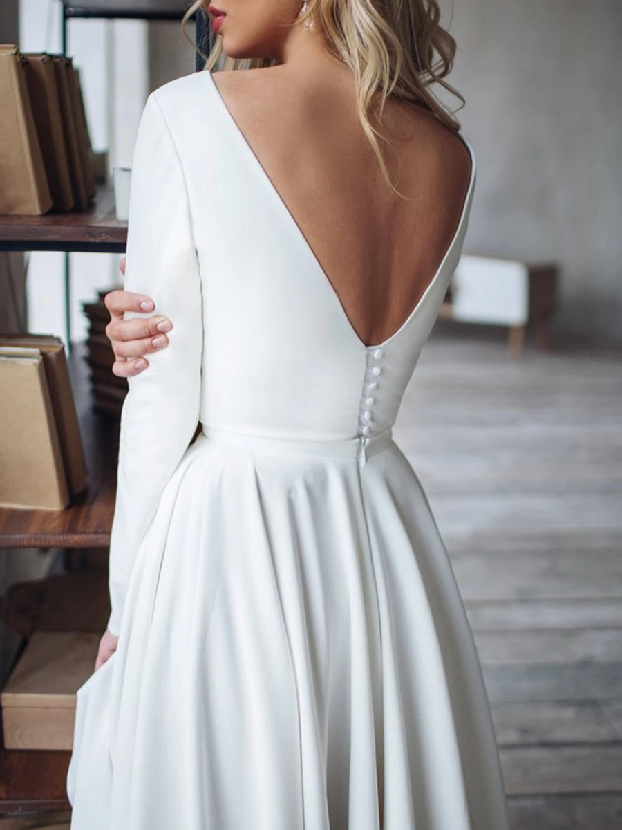 

White Wedding Dresses 2021 Autumn Long Sleeve Women Simple Elegant With Button A-Line Wedding Party Dress Garden Hall Beach