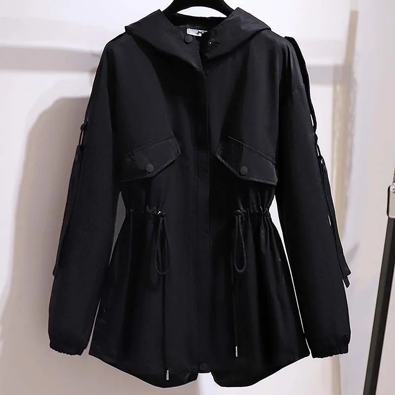 

Spring Autumn Winter Plus Size Fashion Women Mid Hooded Windbreaker Oversize Large Big 3XL 4XL 5XL 6XL Hat Collar Loose Overcoat