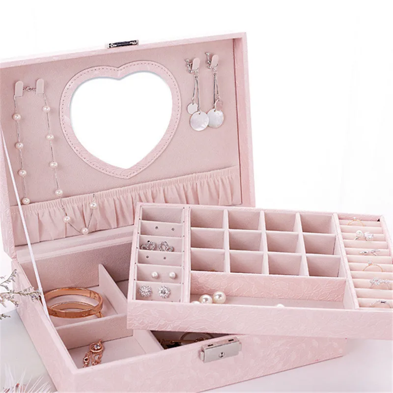 

Double-layer Large Capacity PU Jewelry Box Earring Jewelry Storage Box Cosmetic Case With Mirror Necklace Ring Watch Storage Box