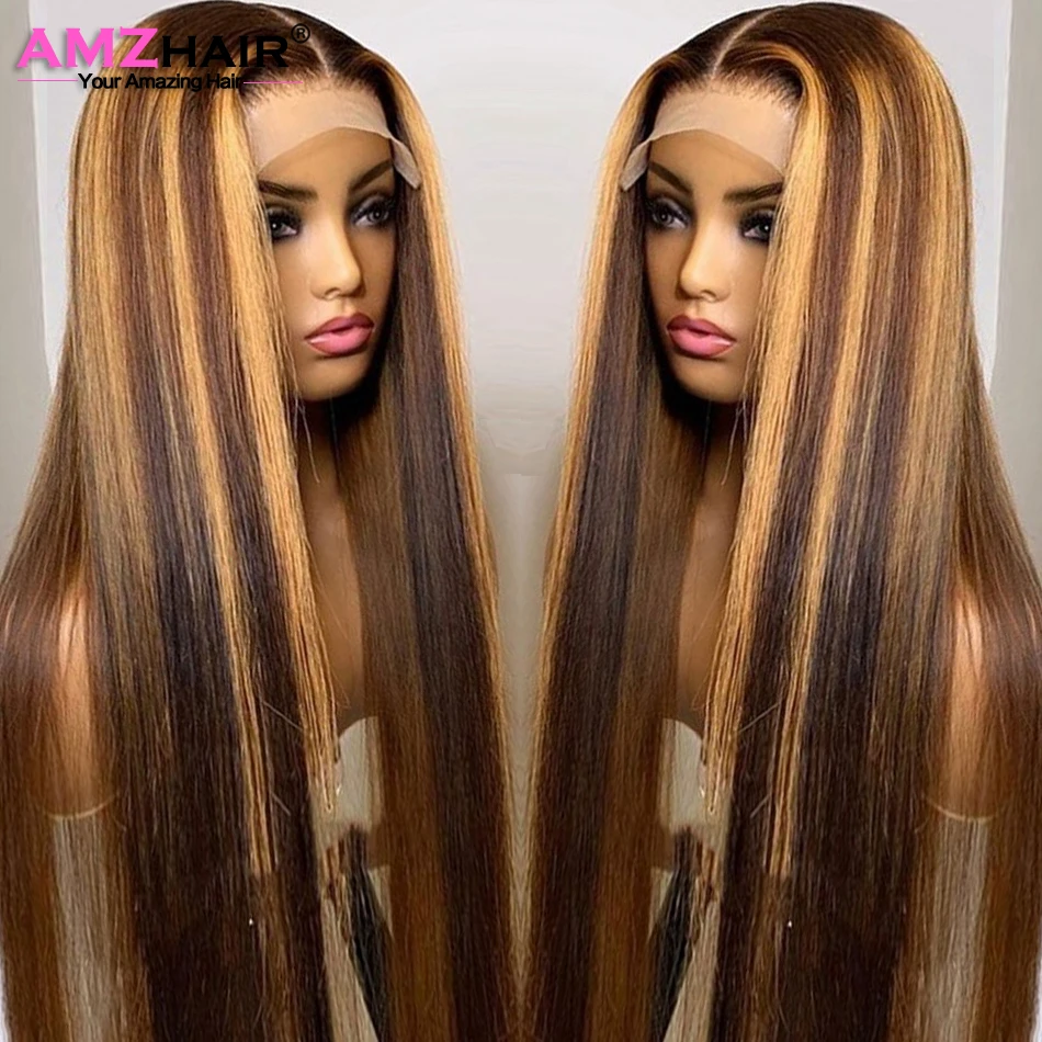 

Highlight Wig Human Hair Ombre Brown HD Lace Front Wigs for Women Brazilian 13x4 30 Inch Bone Straight Lace Frontal Closure Wig