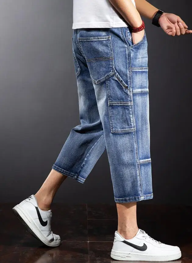 Brand Mens Jeans Denim Shorts Cotton Cargo Shorts Big Pocket Loose Baggy Wide Leg Bermuda Beach Boardshort Size 28-44