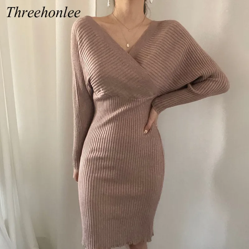 

French Hepburn Style Women Knitting Dress Cross V-Neck High Waist Elegant Bodycon Female Knitted Sweater Dresses Vestidos