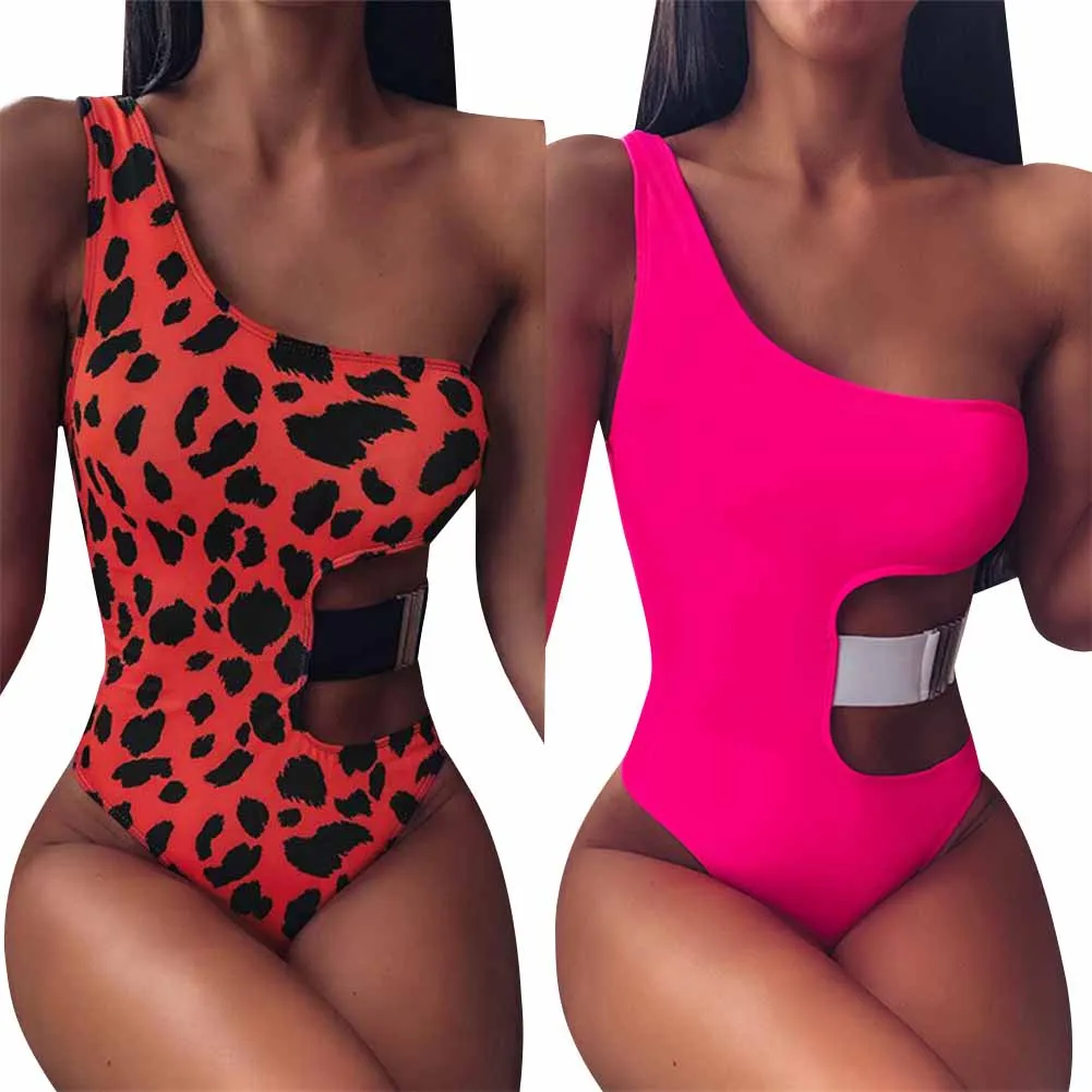 

Women Summer Sexy Beachwear High Cut Leopard Print/Solid Color One-Shoulder Push Up Hollow Out One-Piece Sexy Slim Swimwear