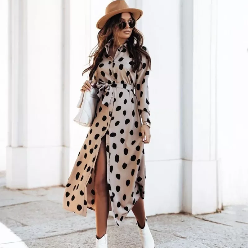 

Summer Holiday Button Women's Maxi Shirt Dress 2021 Dot Floral Print Button Long Sleeve Belt Split Robe Femme Dresses Vestidos