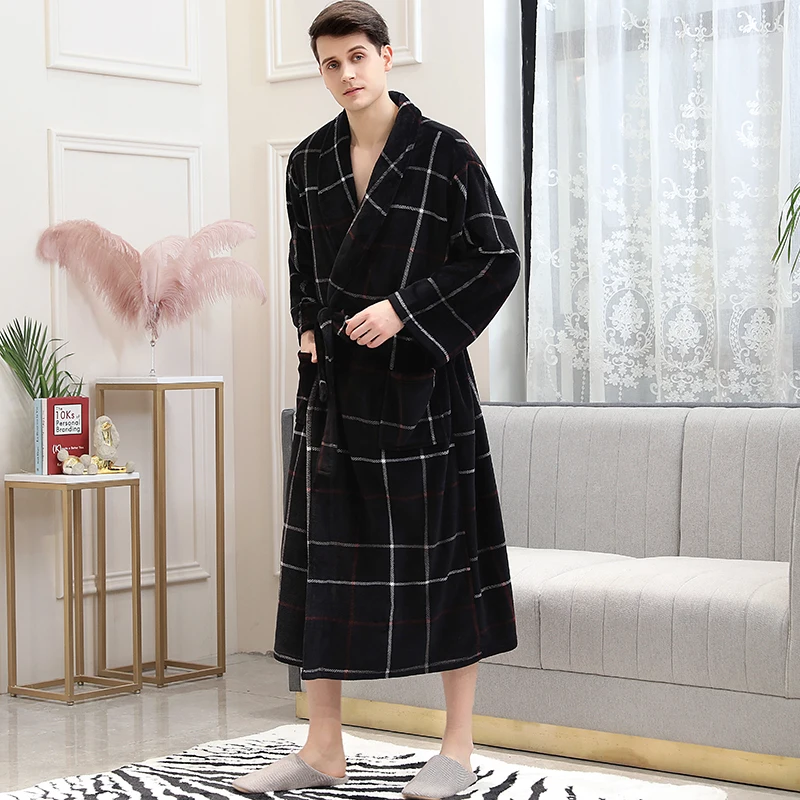 Men Black Red Мужской длинный теплый зимний фланелевый Халат кимоно 40-130 кг коралловый флис плюс размер банный халат уютный ночной халат Женская одежда для сна - Цвет: Men Black Red