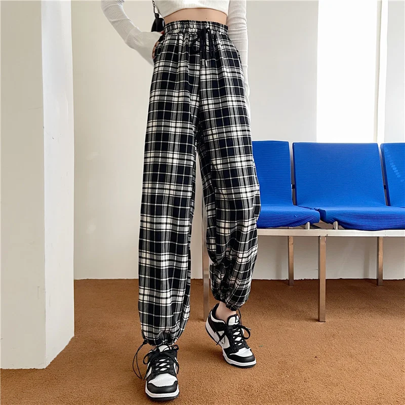 

2021 New Korean Style Elastic High Waist Drawstring Slimming Plaid Ankle Banded Pants Chic Autumn and Winter Women's Clothes.Kio
