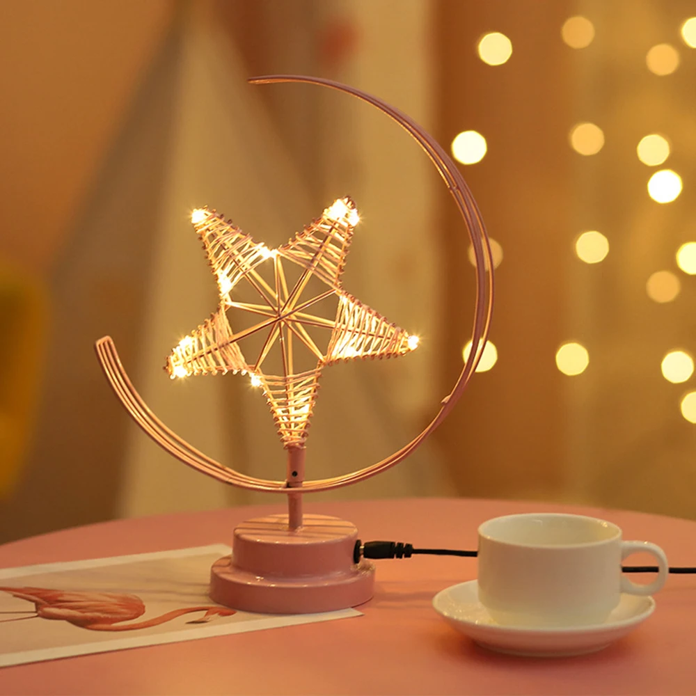 

Modern Wrought Iron LED Table Lamp Bedroom Bedside Light Art Pentagram Christmas Lights NEW