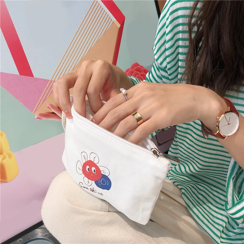 

Women Mini Canvas Coin Purse Cute Print Girls Small Coin Pouch Cards Wallet Japan Style Female Square Mobile Phone Bag Wrist Bag
