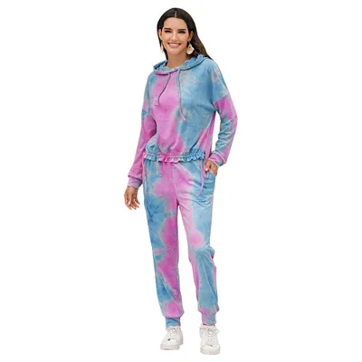 

Autumn Winter Tie dye Print Women Sets Fashion Sports Casual Hoodie Loose Top And Long Trousers Two Piece Set Tracksuit