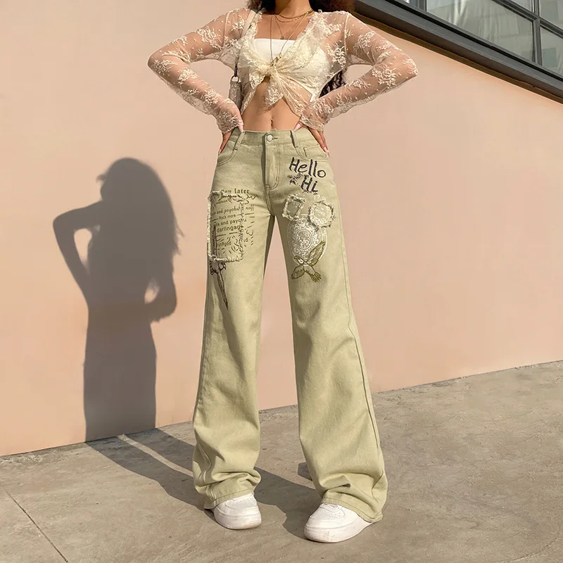 Джинсы Y2k женские с принтом хаки винтажные прямые брюки из денима вышивкой