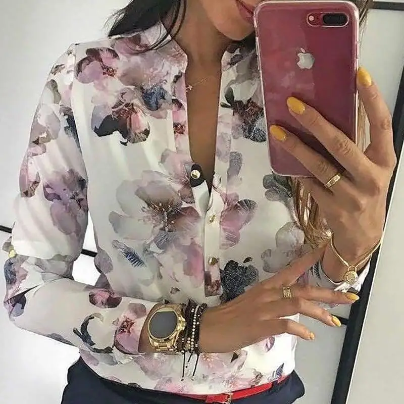 2021 Spring Women Elegant Casual Blouse Floral Print Button Design Long Sleeve Shirt Basic Top
