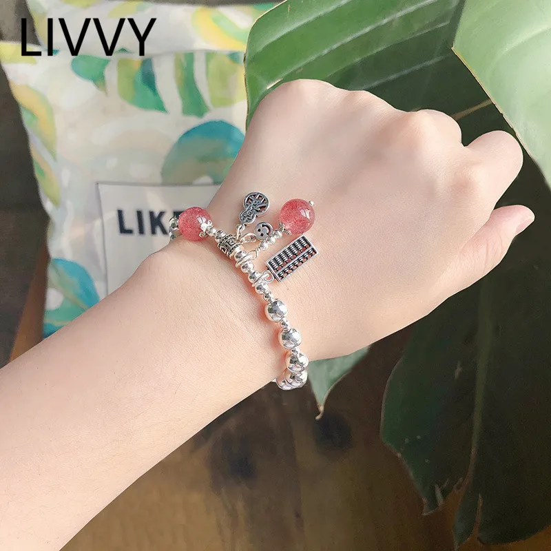 

Silver Color New Fashion Pink Crystal Ball Smiling Face Abacus Cat Charm Bracelet Trendy Creative Adjustable Jewelry Women