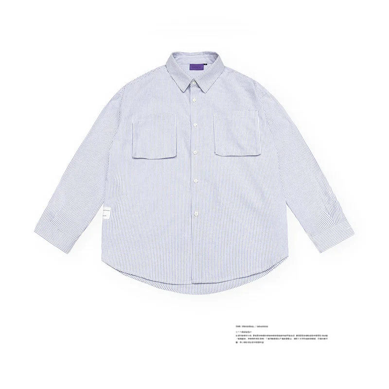 

Wuhang 2021 new men's basic striped shirt pocket tooling loose long sleeve shirt versatile top hc60