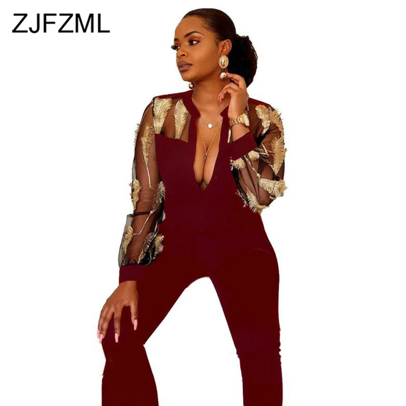 Пикантные сетчатые комбинезоны с вышивкой перьев женские офисные длинным