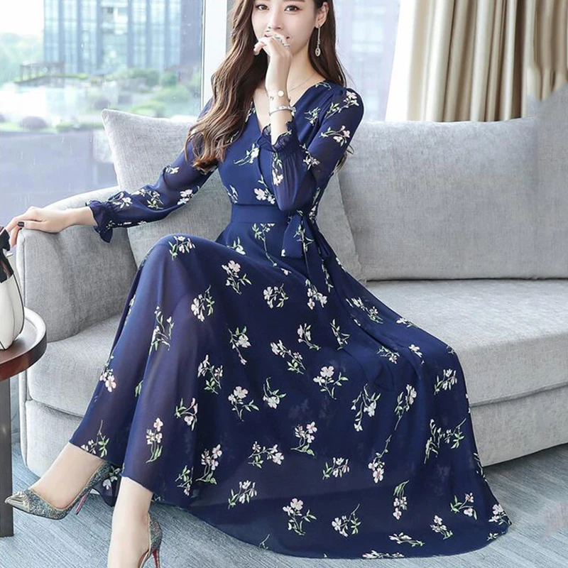 

Женское шифоновое платье с цветочным принтом, Длинное Элегантное платье с V-образным вырезом и длинным рукавом, модель cc1505 на весну и осень, ...