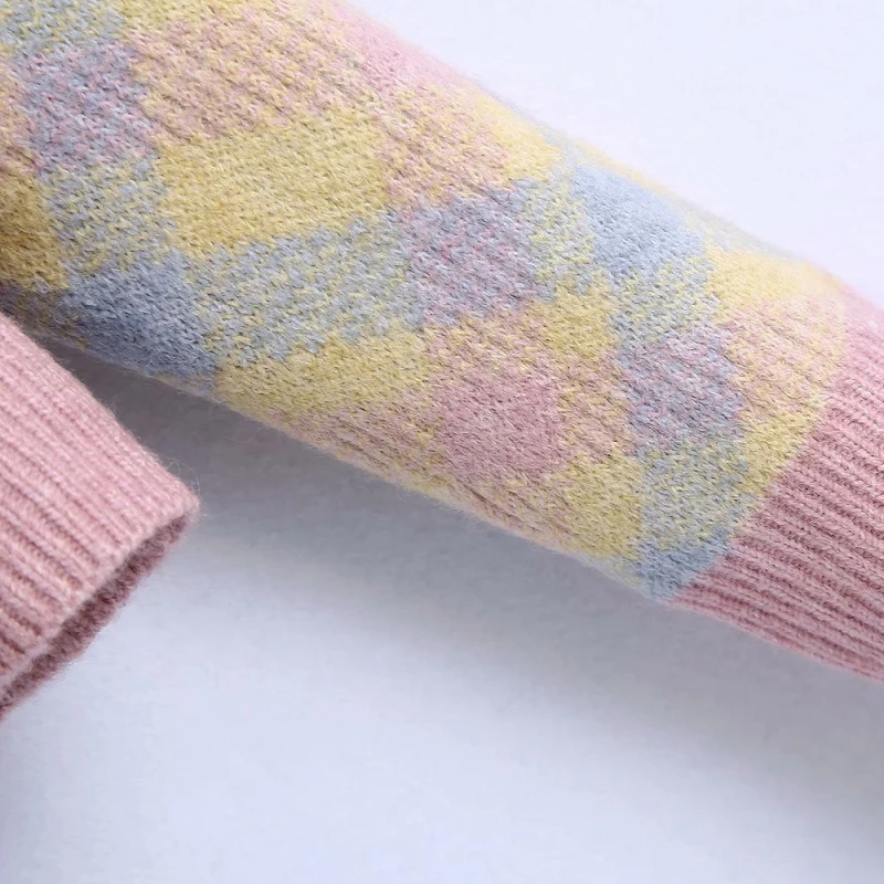 

PUWD Casual Woman Colorful Patchwork Plaid Sweaters 2021 Spring Fashion Ladies Soft Pullover Girls Sweet Diamond Button Knitwear