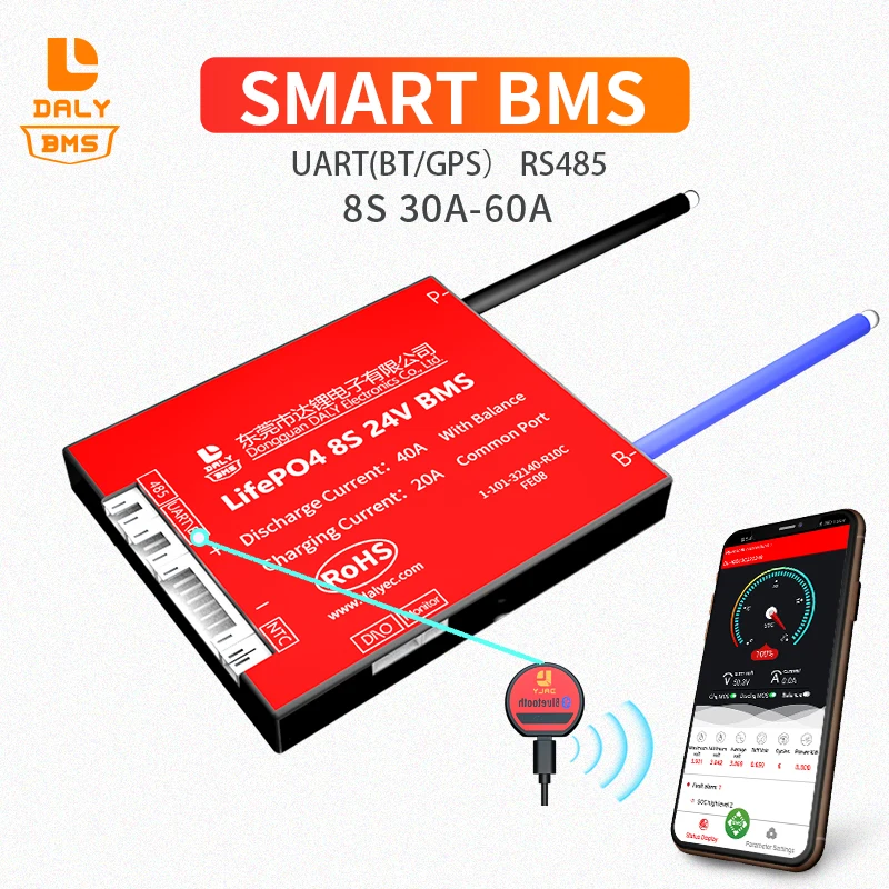 Daly литиевая батарея BMS pack общий порт с балансом smart bms 8s lifepo4 24V 30A 40A 60A для солнечной