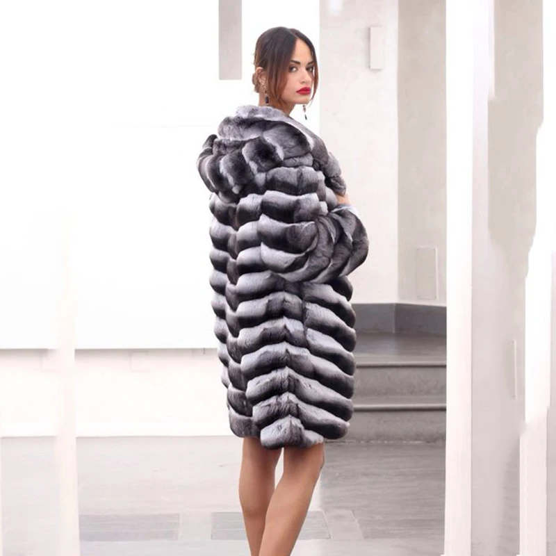Luxury Women Real Rex Rabbit Fur Coat With Hood Thick Warm Fashion Winter New Chinchilla Color Genuine Rabbit Fur Coats Trendy