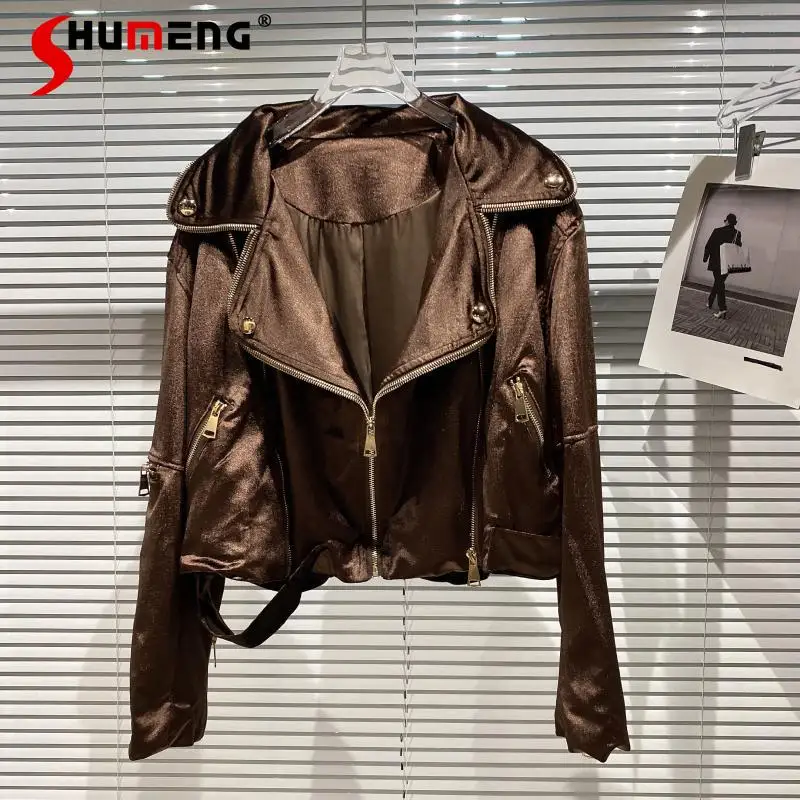 

2021 Autumn New Ladies High Street Fashion Metal Buckle Zipper Short Coat Women Simple Gold Velvet Solid Turn-down Collar Jacket