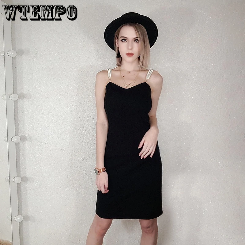 

Spaghetti Straps Sexy Dresses Summer Pearl Sling Sleeveless Backless Black Dress Casual Night Party Female Bodycon Dresses