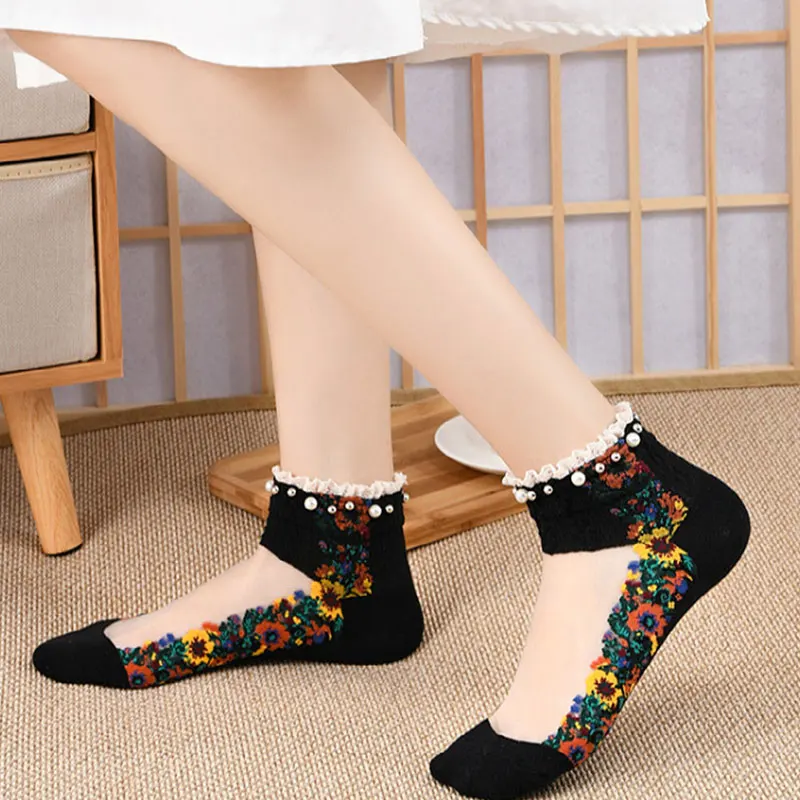 

Breathable Hosiery Lolita Retro Socks Cotton Socks Pearl Ankle Socks Summer Women Socks Sheer Calcetines Breathable