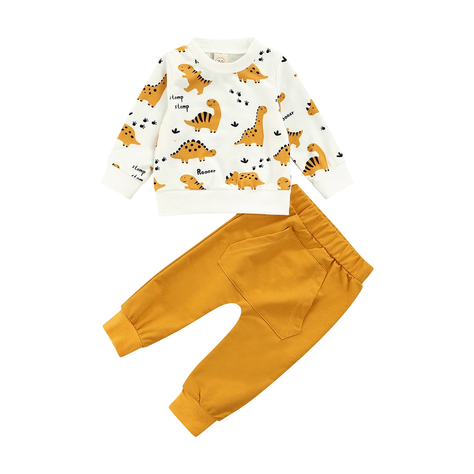 

Повседневная одежда для младенцев, свитшот с длинным рукавом и круглым вырезом с принтом динозавра для маленьких мальчиков + однотонные брю...