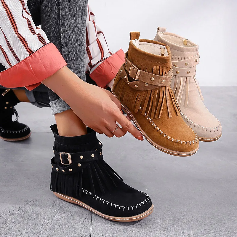 

Women Tassel Ankle Boots 2020 Women's Sewing Warm Woman Flats Female Shoe Ladies Casual Leather Buckle Footwear Plus Size 43